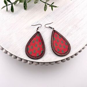 Wood and Vegan Leather Red with Green Christmas Trees Teardrop Earrings